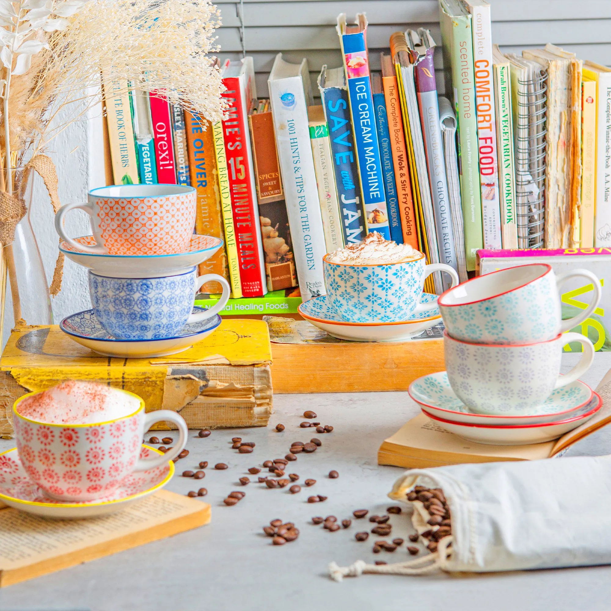 14.5cm Hand Printed Stoneware Cappuccino Saucers - Pack of Six - By Nicola Spring