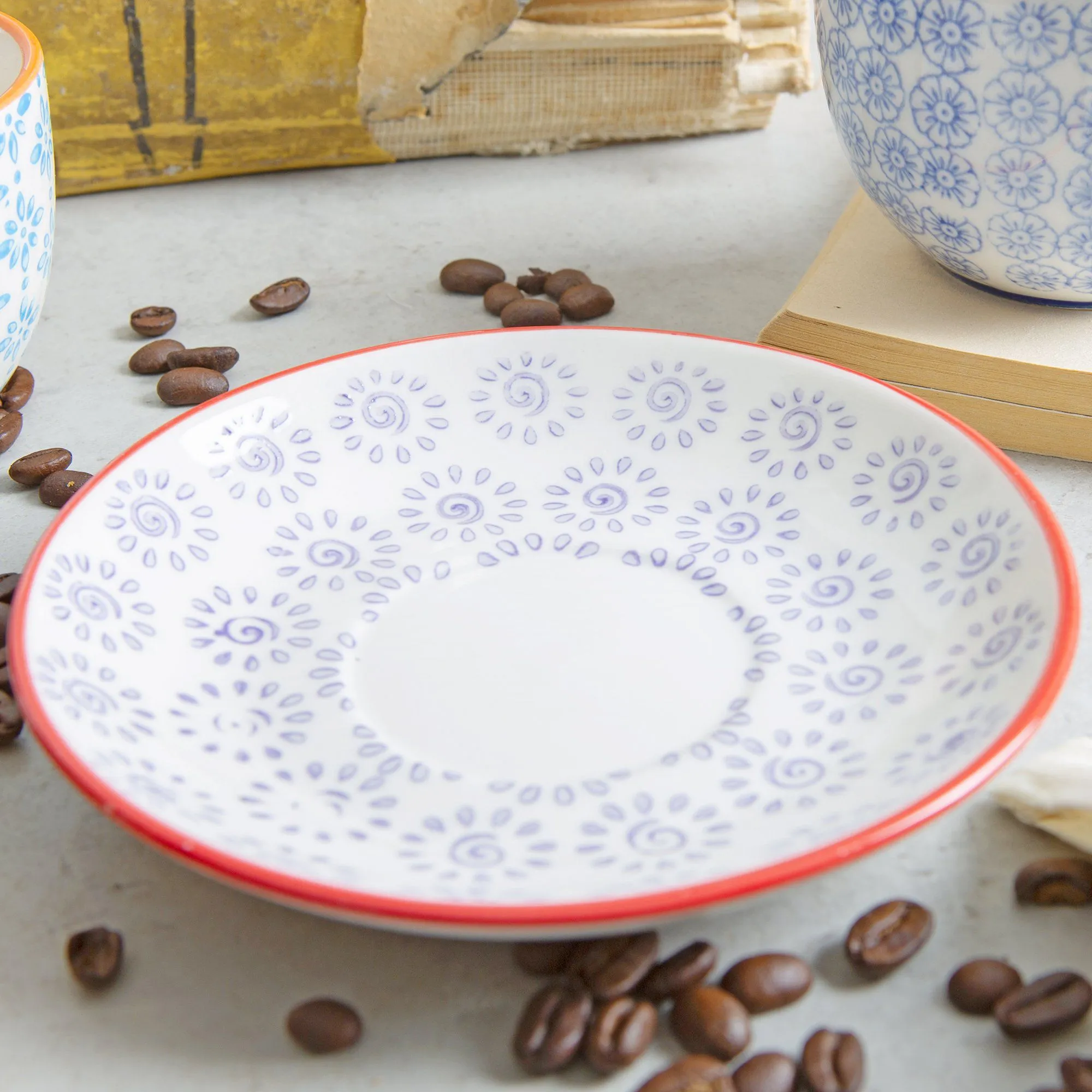 14.5cm Hand Printed Stoneware Cappuccino Saucers - Pack of Six - By Nicola Spring