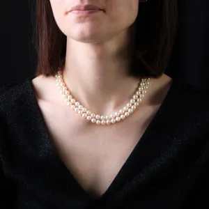 1960s Cultured Pearl Yellow Gold Double Row Necklace