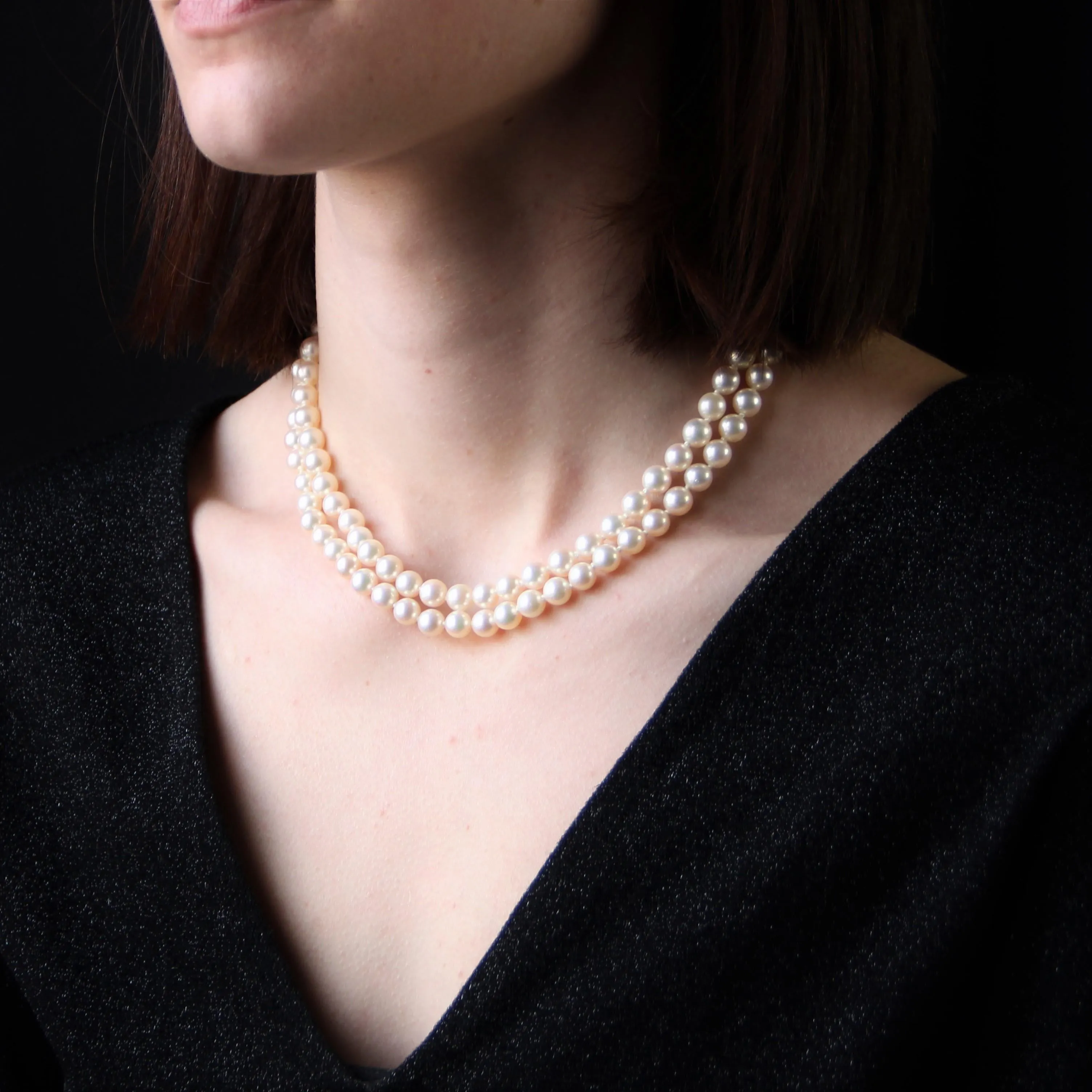 1960s Cultured Pearl Yellow Gold Double Row Necklace