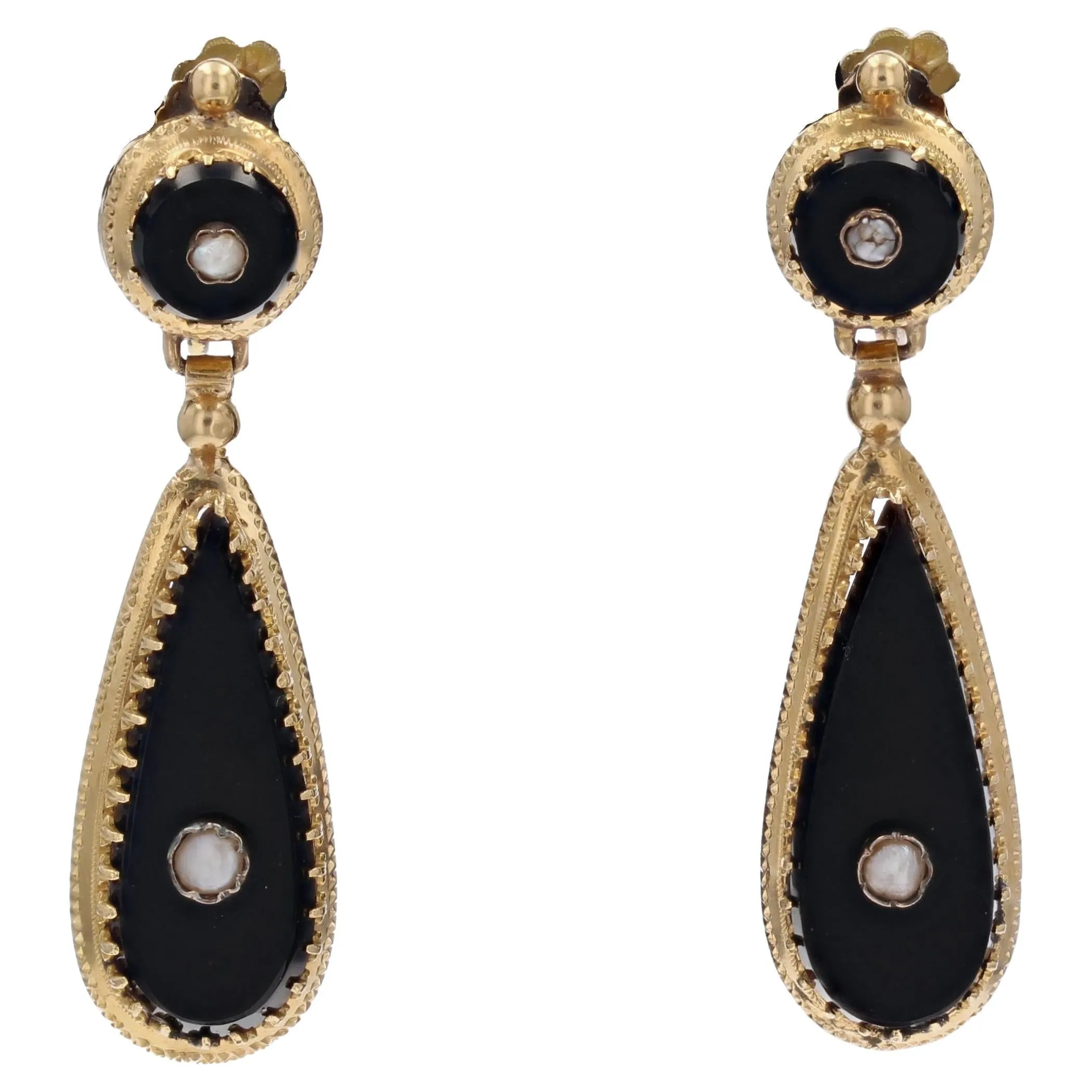 19th Century Fine Pearls Onyx 18 Karat Yellow Gold Dangle Earrings