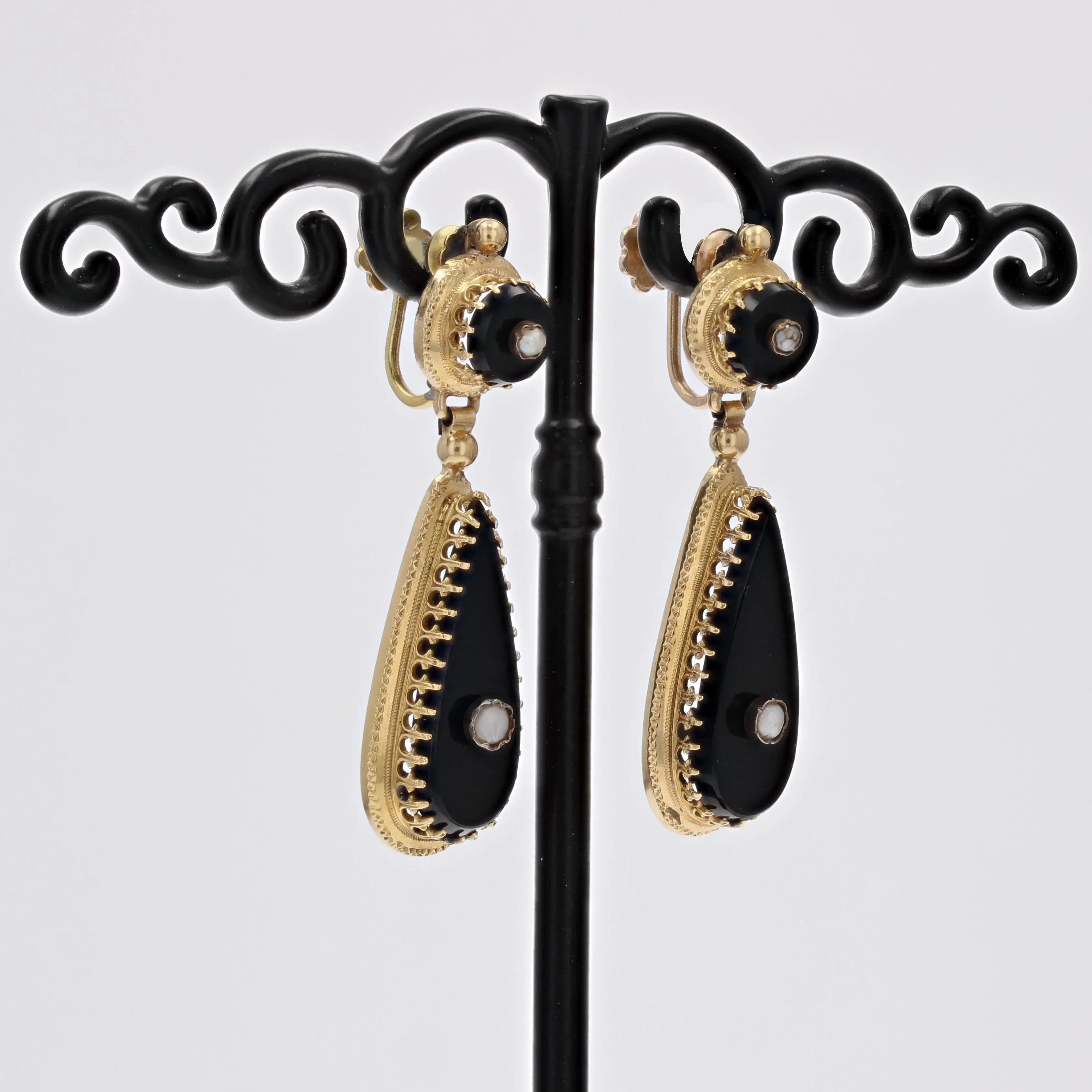 19th Century Fine Pearls Onyx 18 Karat Yellow Gold Dangle Earrings