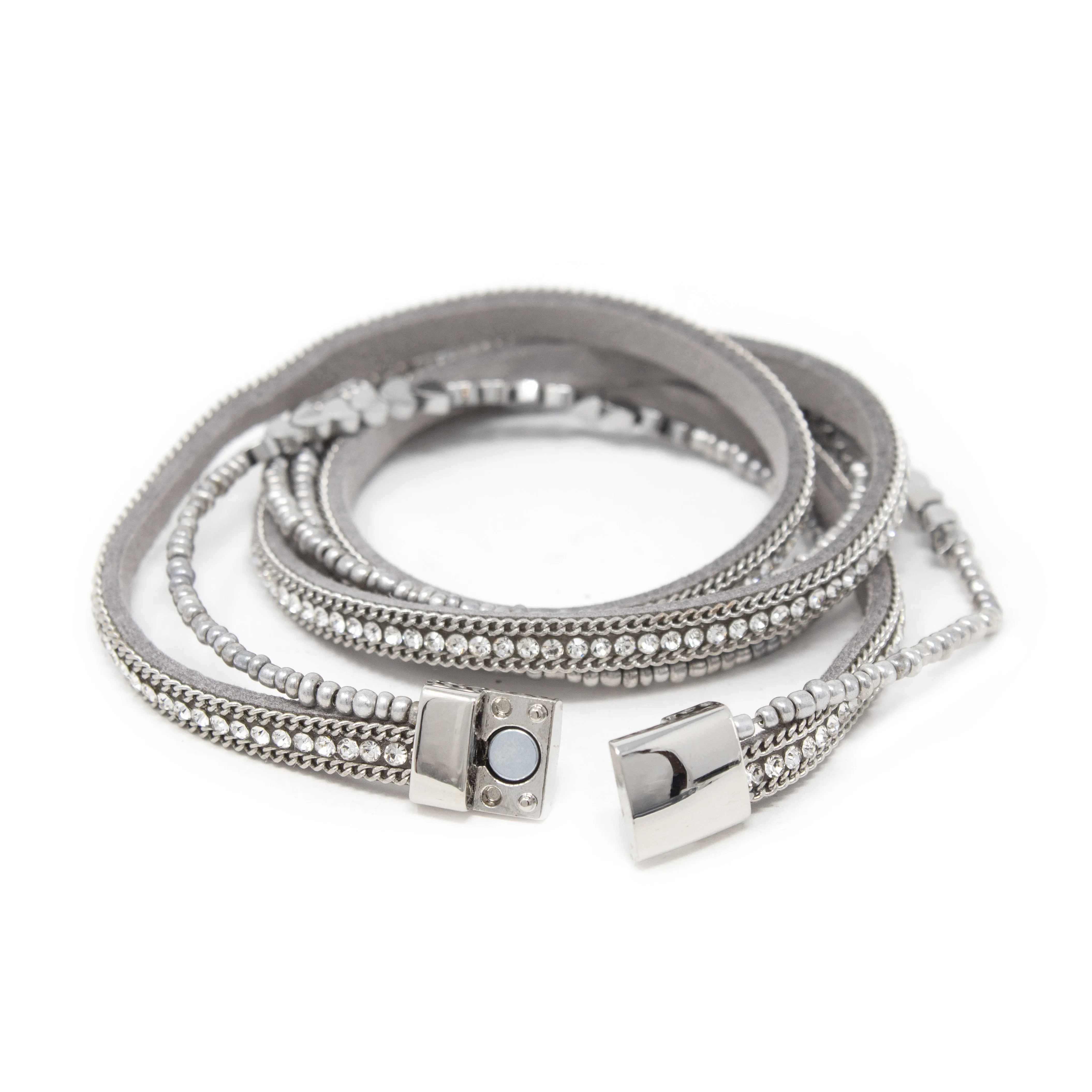 2 Row Suede Wrap Bracelet W CZ and Heart Beads Silver T