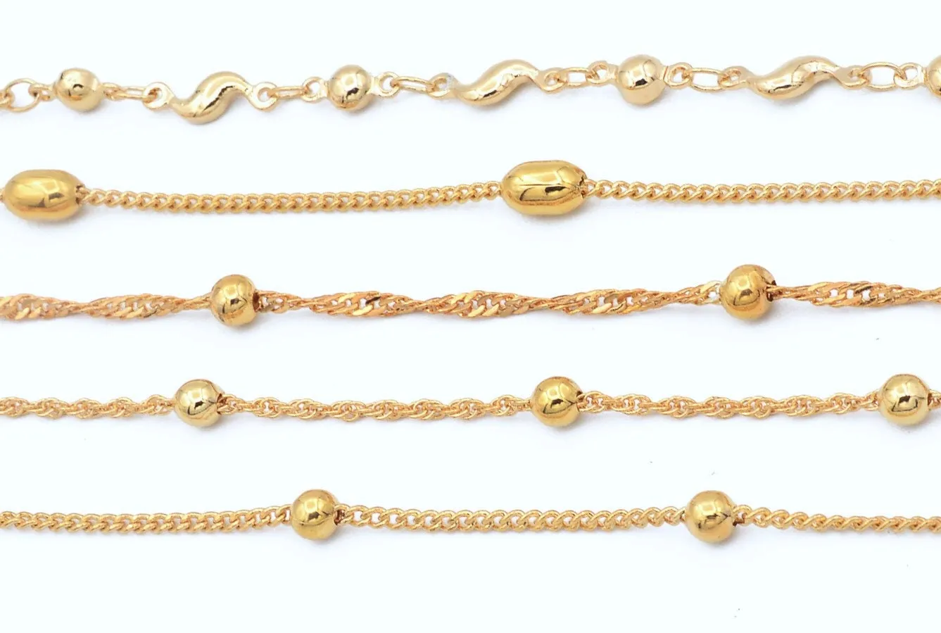 3 Feet 18K/14K Gold Filled Look, Cable Chain Curb Cuban Flat With Oval Bead,  Satellite Chain customize necklace For Jewelry supplies and wholesale