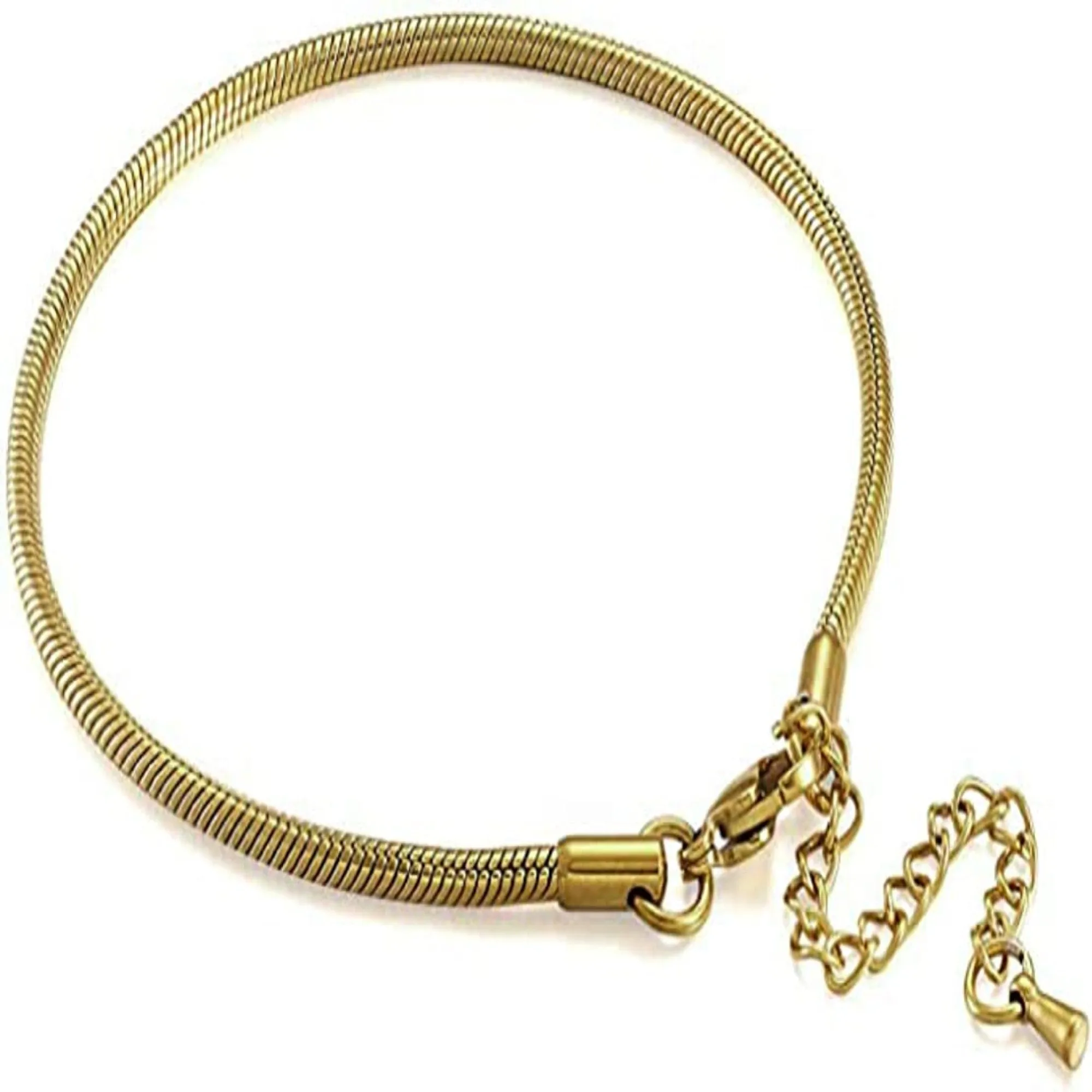 Adjustable Gold 3mm Steel Snake Chain Bead Charm Bracelet