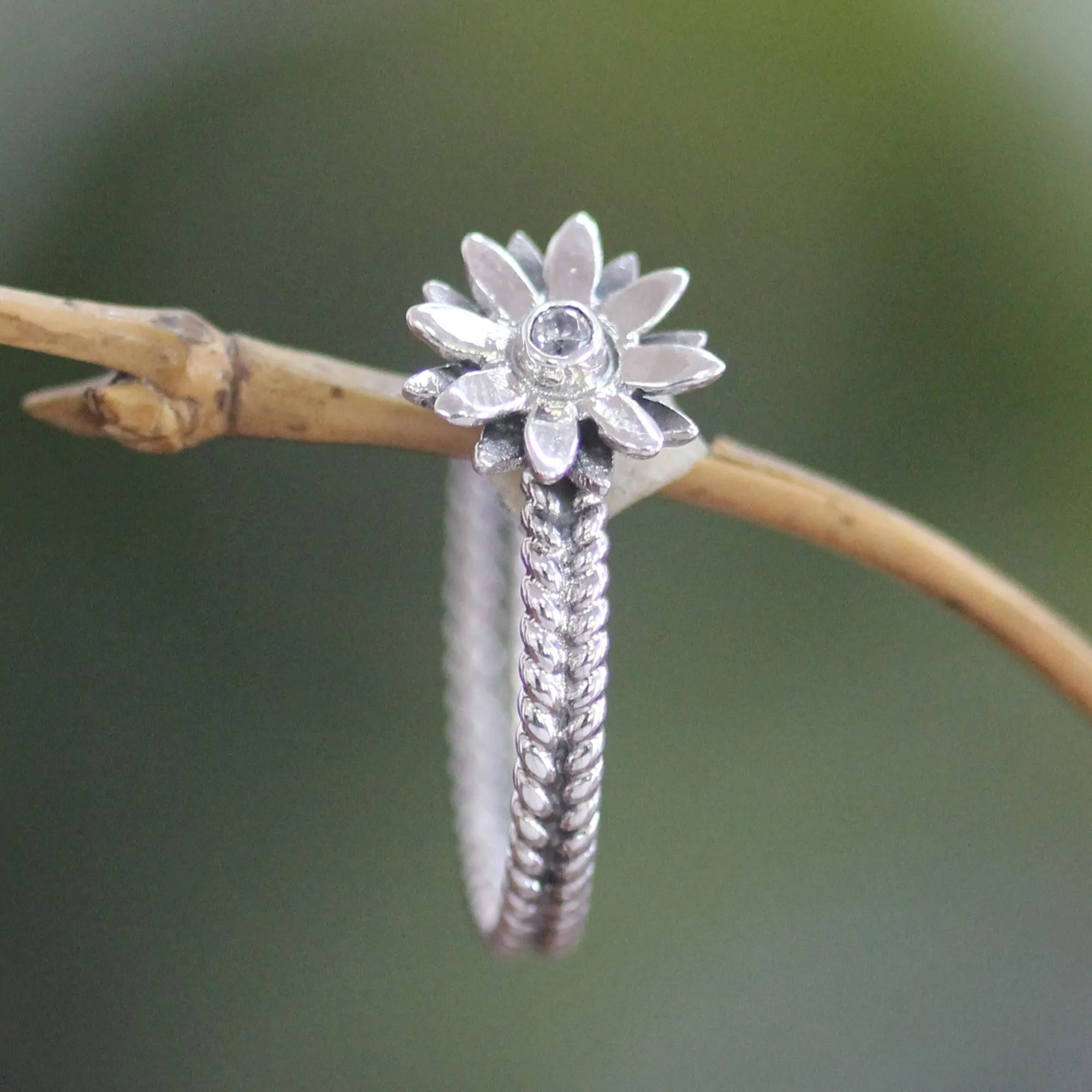 April Daisy Cubic Zirconia and Sterling Silver Flower Ring