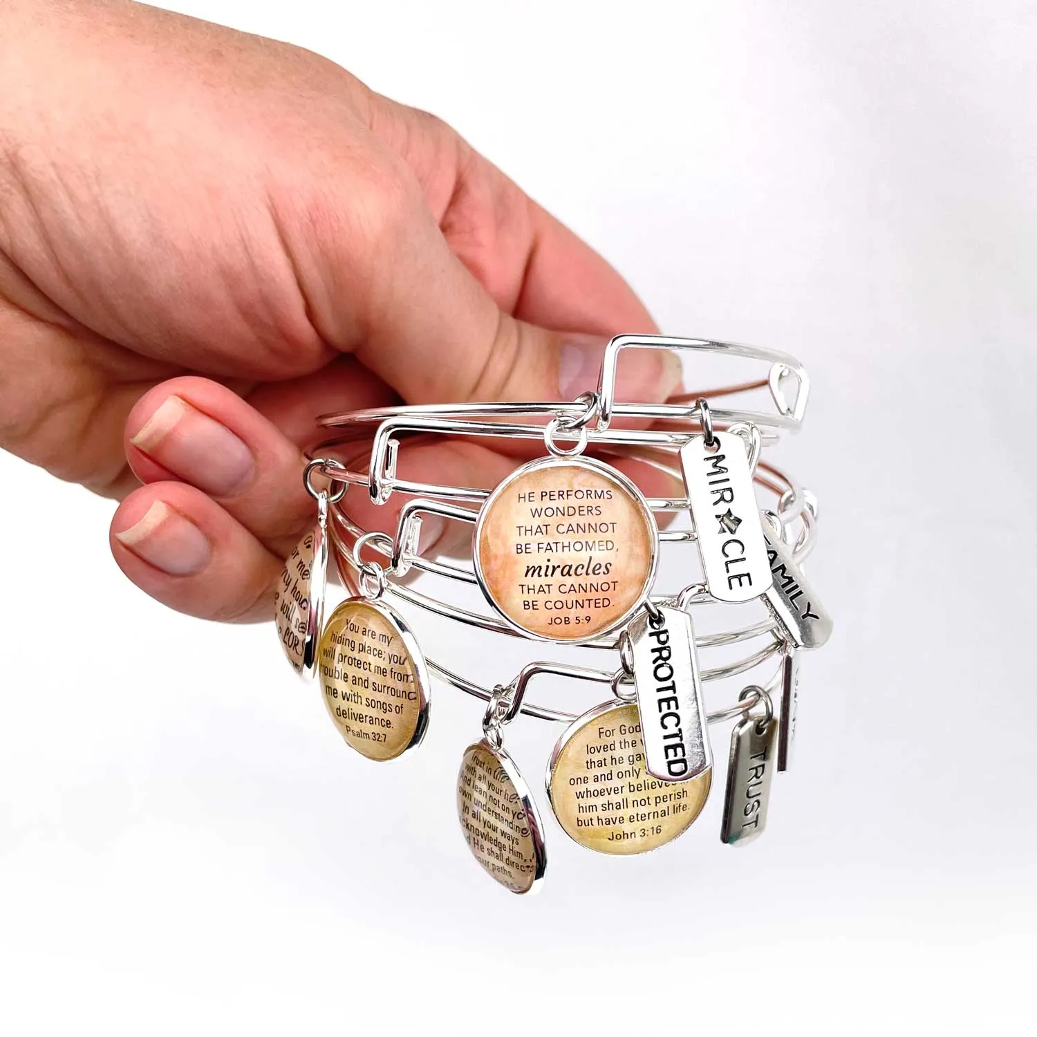 Beautiful, Believe, Blessed, Brave, Dream, Word Scripture Charm Bangle Bracelet - Christian Affirmations Jewelry, Silver