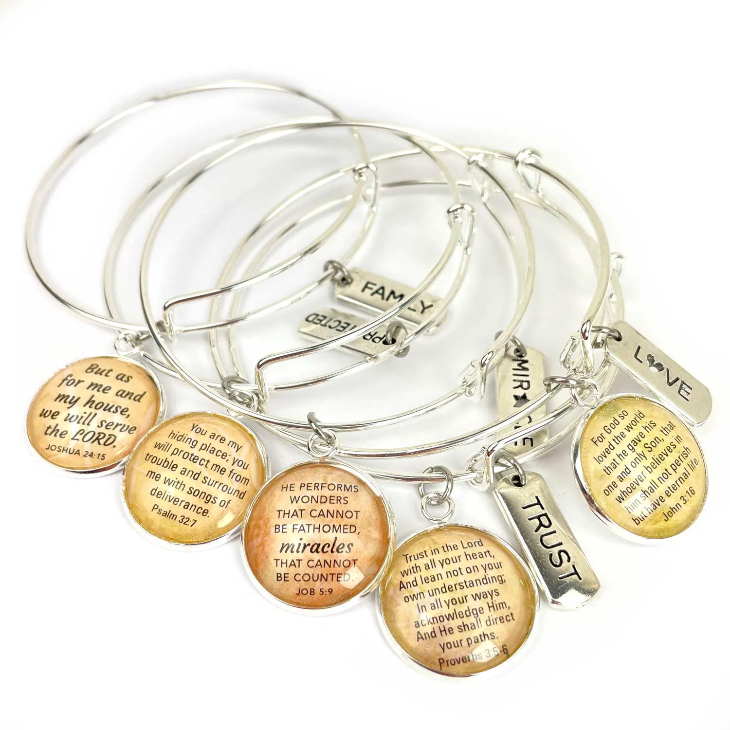 Beautiful, Believe, Blessed, Brave, Dream, Word Scripture Charm Bangle Bracelet - Christian Affirmations Jewelry, Silver