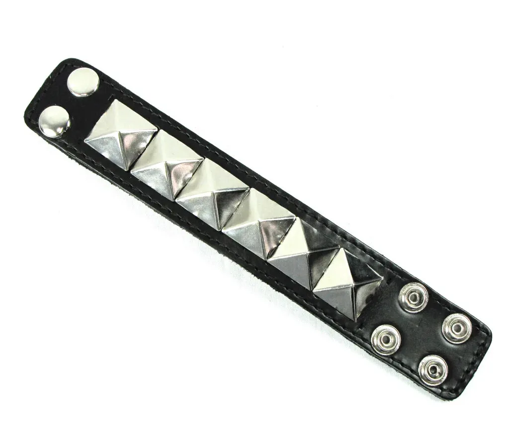 Black Leather Bracelet w/ 1 Row of XL Silver Pyramid Studs