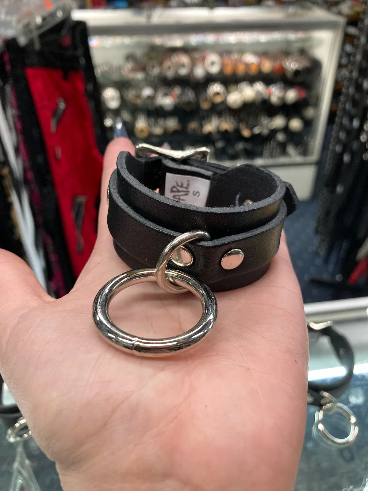 Black Leather Bracelet w/ 1 Small Silver Ring