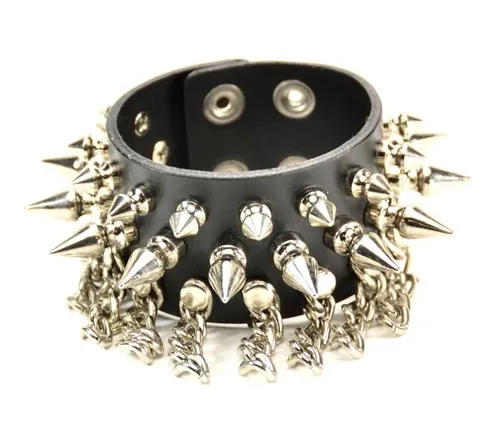 Black Leather Bracelet w/ 3 Rows of Silver Spikes & Silver Chains