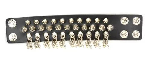 Black Leather Bracelet w/ 3 Rows of Silver Spikes & Silver Chains