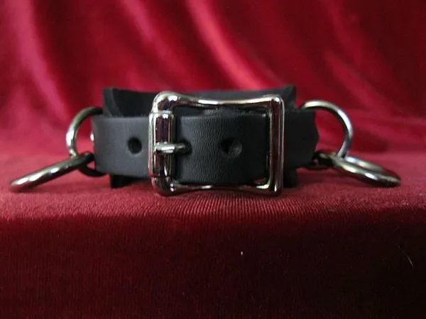 Black Leather Bracelet w/ 3 Small Silver Rings and Hanging Chain