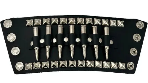 Black Leather Bracelet w/ Silver .223 Bullet Shells and Studs