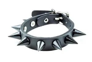 Black Leather Bracelet w/ Single Row of Black Cone Spikes