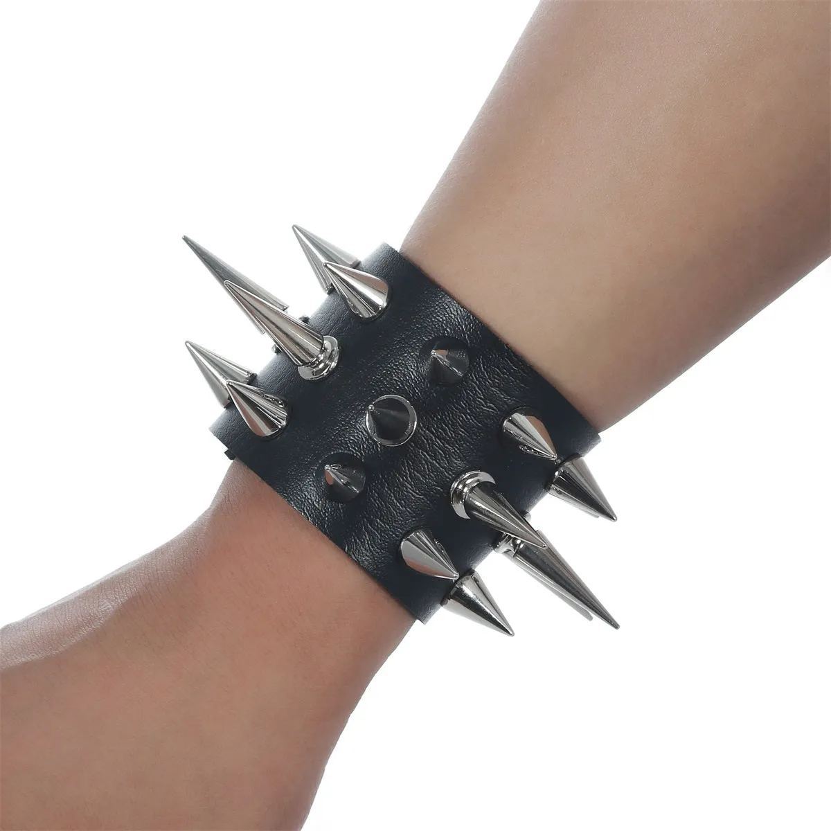 Black Leather Bracelet w/ Three Rows of Multi Sized Silver Spikes