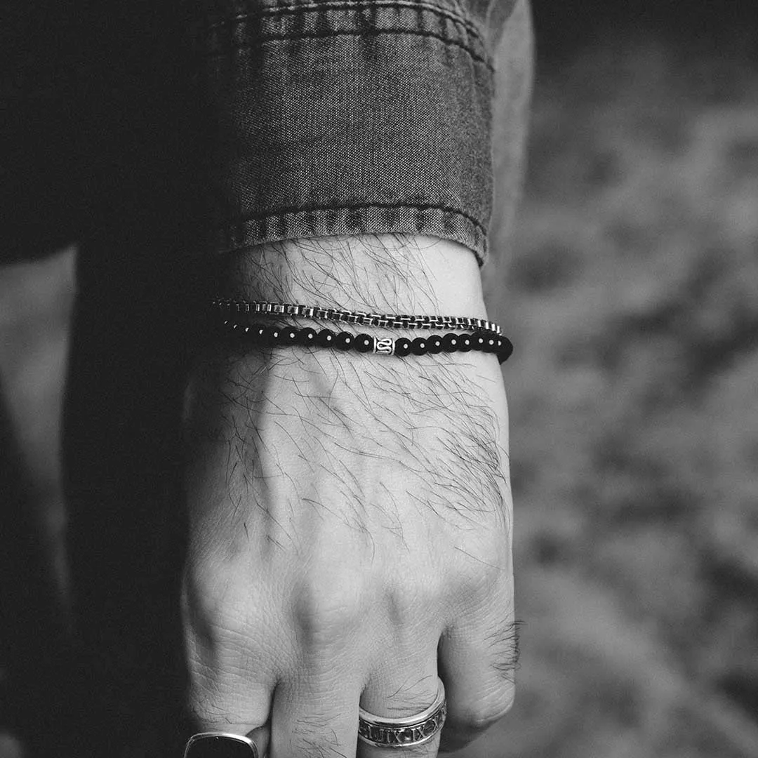 Black Onyx and Silver Bead Bracelet