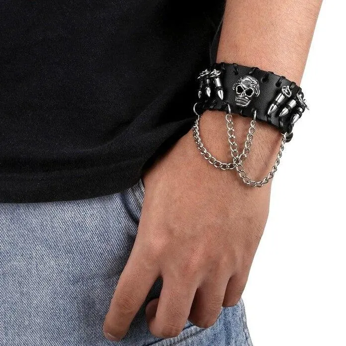 Black Skull Bullet Faux Leather Wrist Band