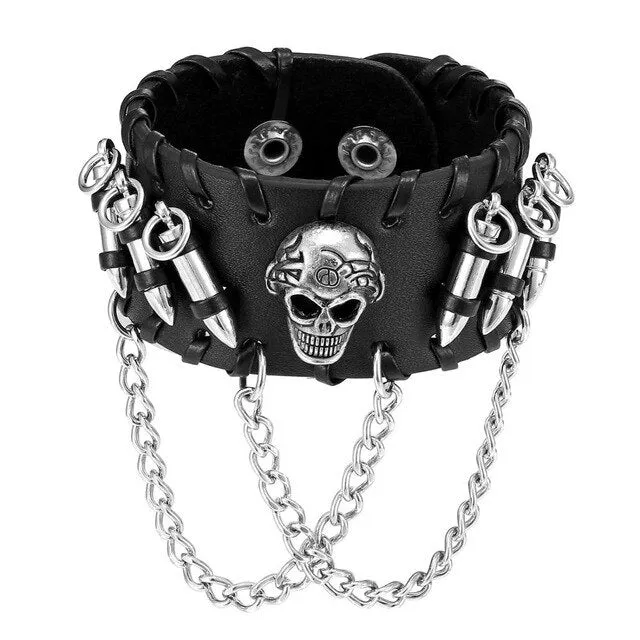 Black Skull Bullet Faux Leather Wrist Band