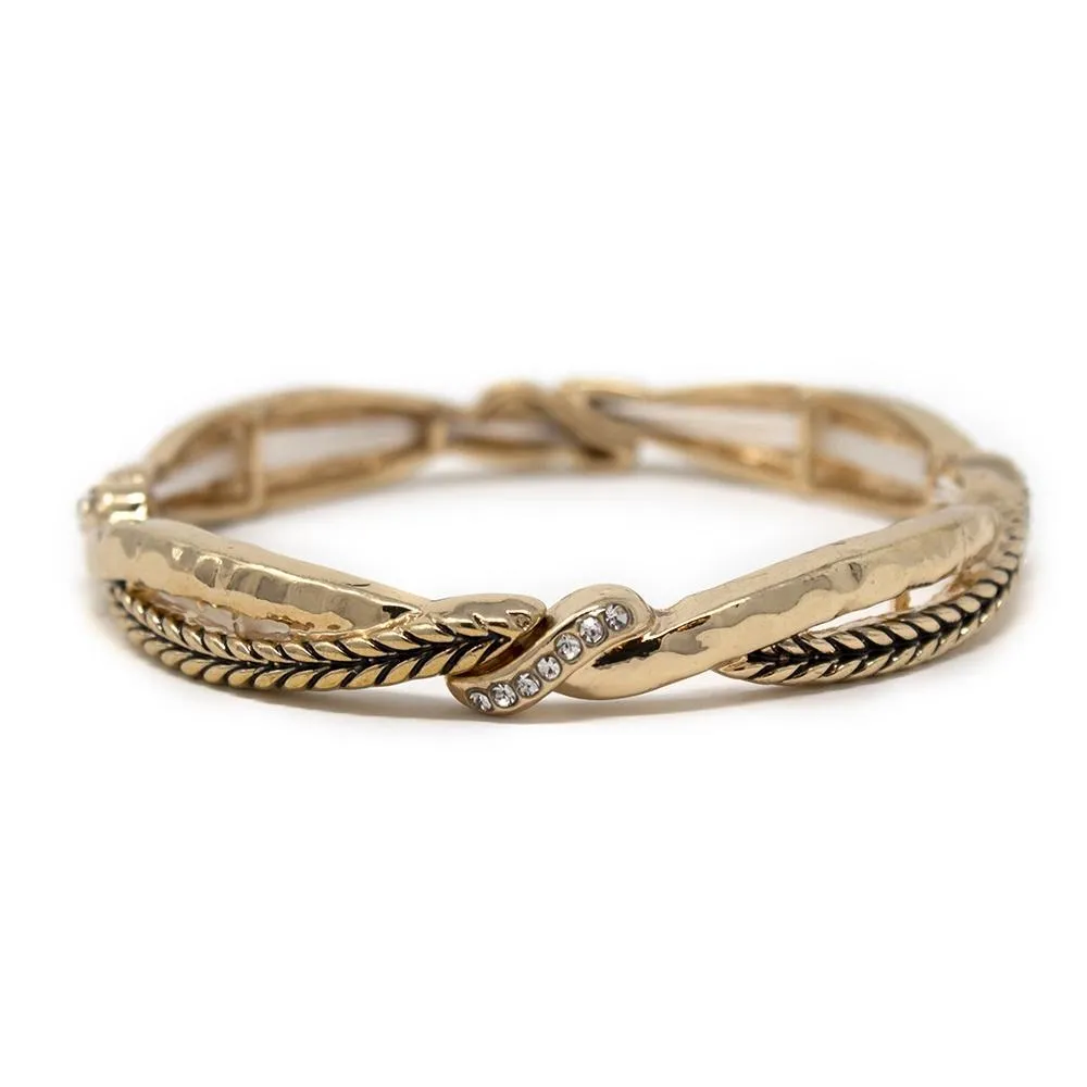 Braided and Hammered Stretch Bracelet with CZ Gold Tone