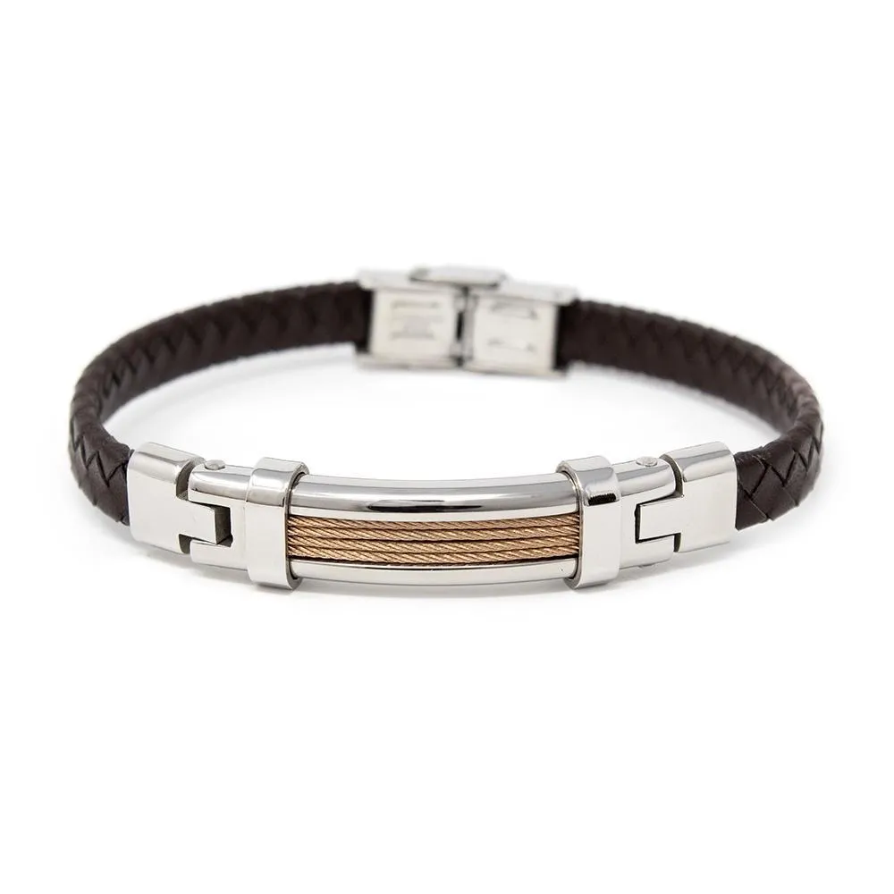 Brown Leather Rose Gold Stainless Steel Cable Station Bracelet