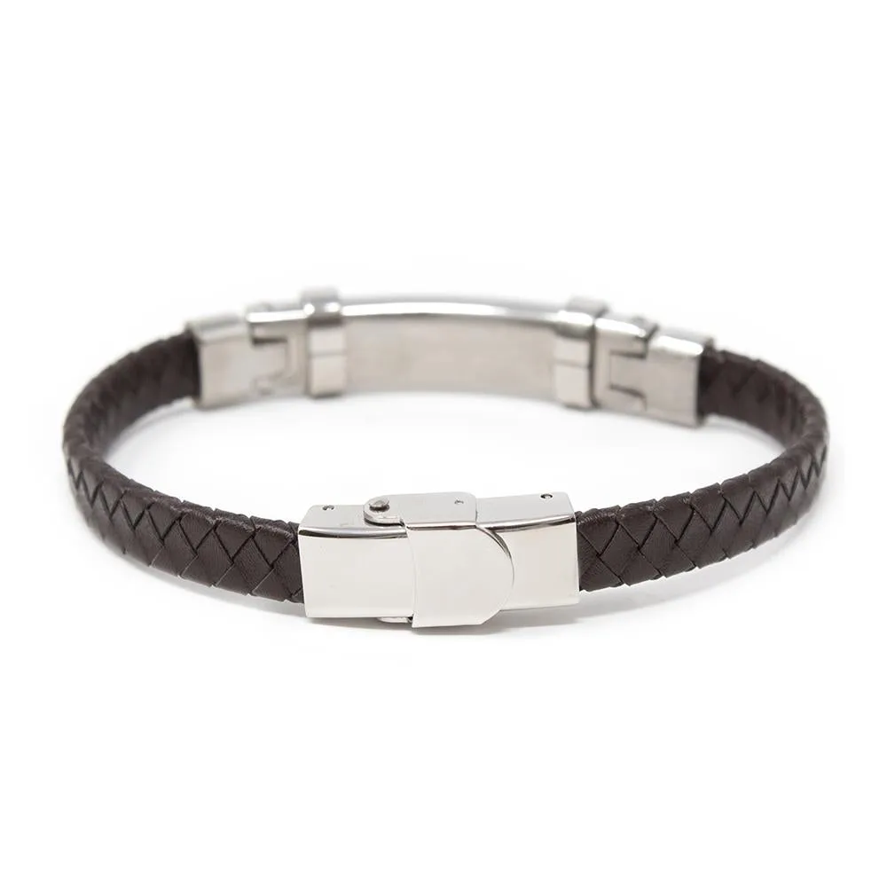 Brown Leather Rose Gold Stainless Steel Cable Station Bracelet