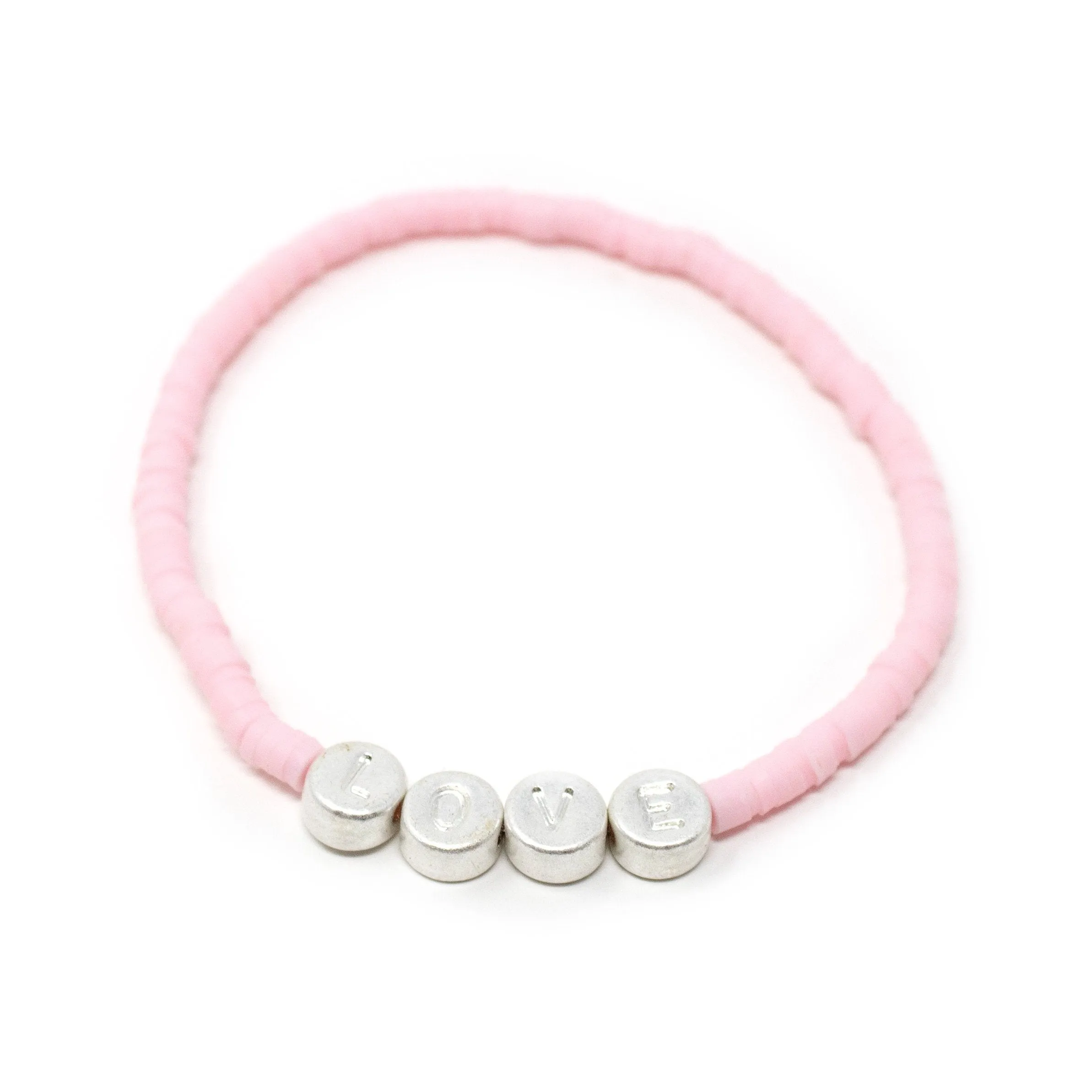 Celluloid Disc Beads LOVE Stretch Bracelet Pink