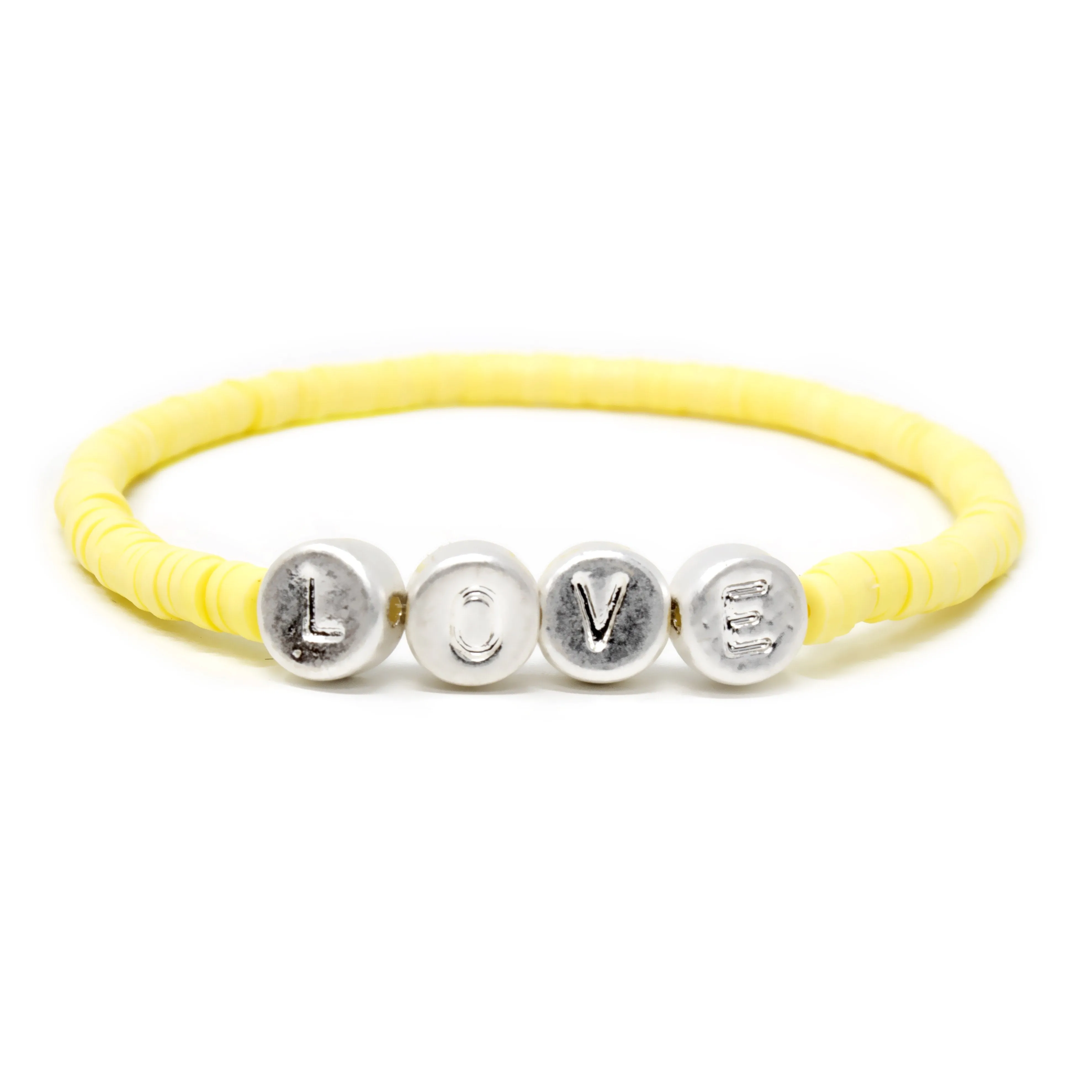 Celluloid Disc Beads LOVE Stretch Bracelet Yellow