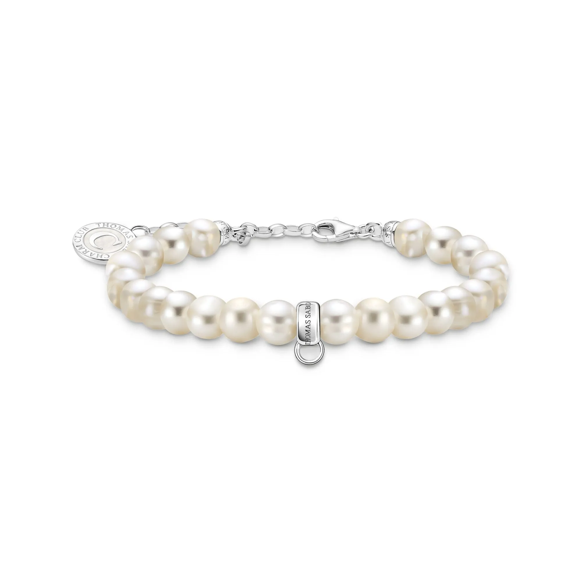 Charm member bracelet with white oval-shaped pearls