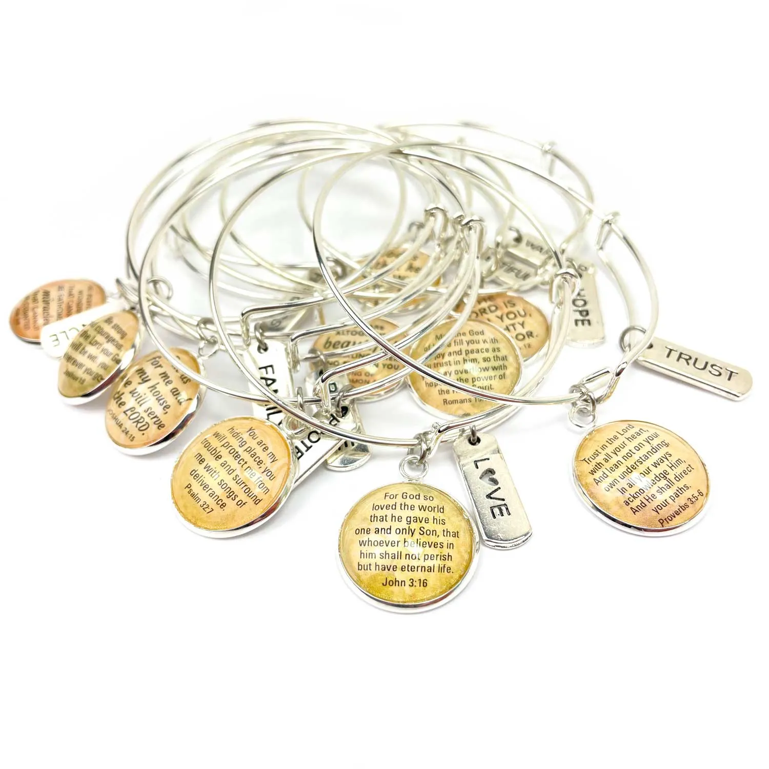 Family and Scripture Charm Bangle Bracelet - Joshua 24:15 Word Scripture Christian Affirmations Jewelry, Silver