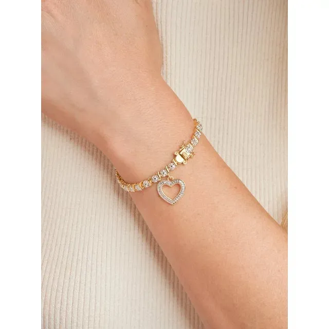 Forever Facets Diamond Accent Open Heart Charm 18K Yellow Gold Plated 7.25" Tennis Bracelet, Adult Female