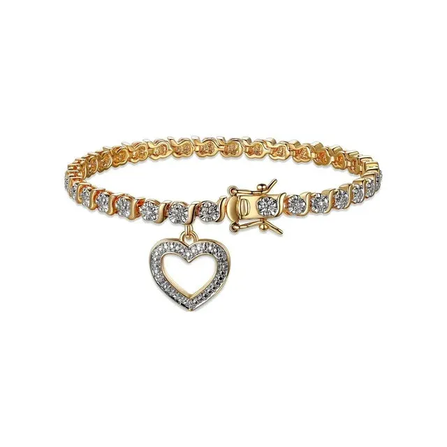 Forever Facets Diamond Accent Open Heart Charm 18K Yellow Gold Plated 7.25" Tennis Bracelet, Adult Female