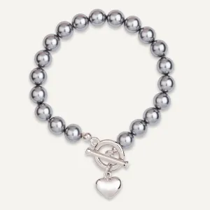 Grey Mother Of Pearl Heart Pendant T-bar Bracelet In Silver-Tone