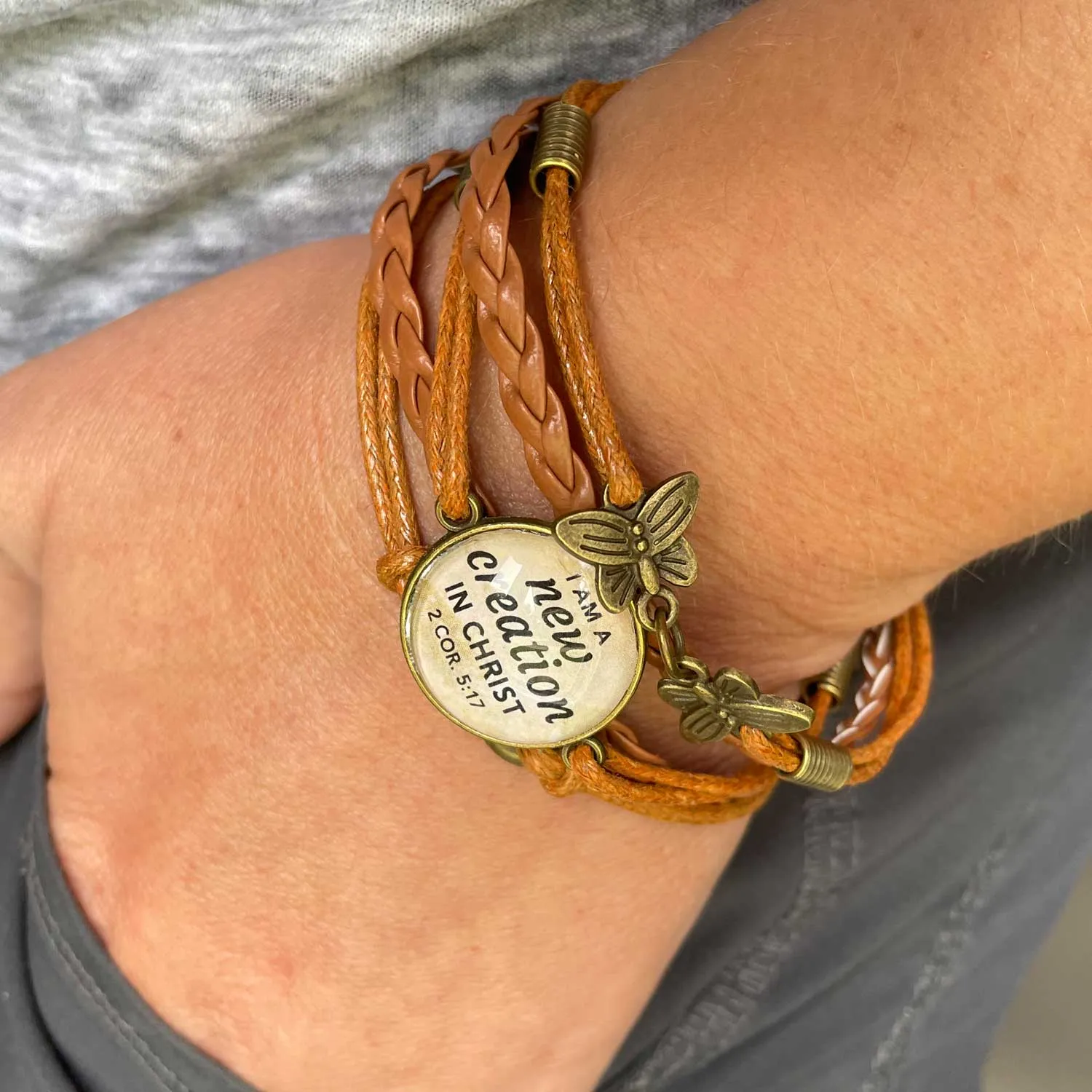 Hide me in the Shadow of Your Wings – Psalm 17:8 Scripture Verse – Multi-Strand Leather Bracelet with Butterflies – Christian Jewelry