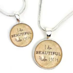 I AM Beautiful, Psalm 139:14 – Christian Affirmations Scripture Pendant Necklace (2 Sizes) – Jewelry Set