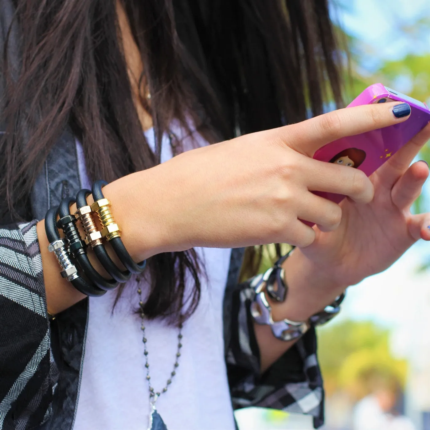 Liza Schwartz Love Screw Leather Bracelet - Gunmetal Grey