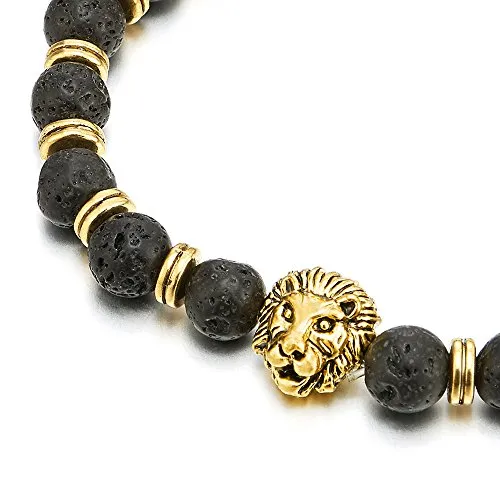 Men Women 8MM Black Volcanic Lava Beads Link Bracelet with Gold Color Lion Head and Charms