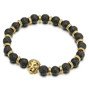 Men Women 8MM Black Volcanic Lava Beads Link Bracelet with Gold Color Lion Head and Charms