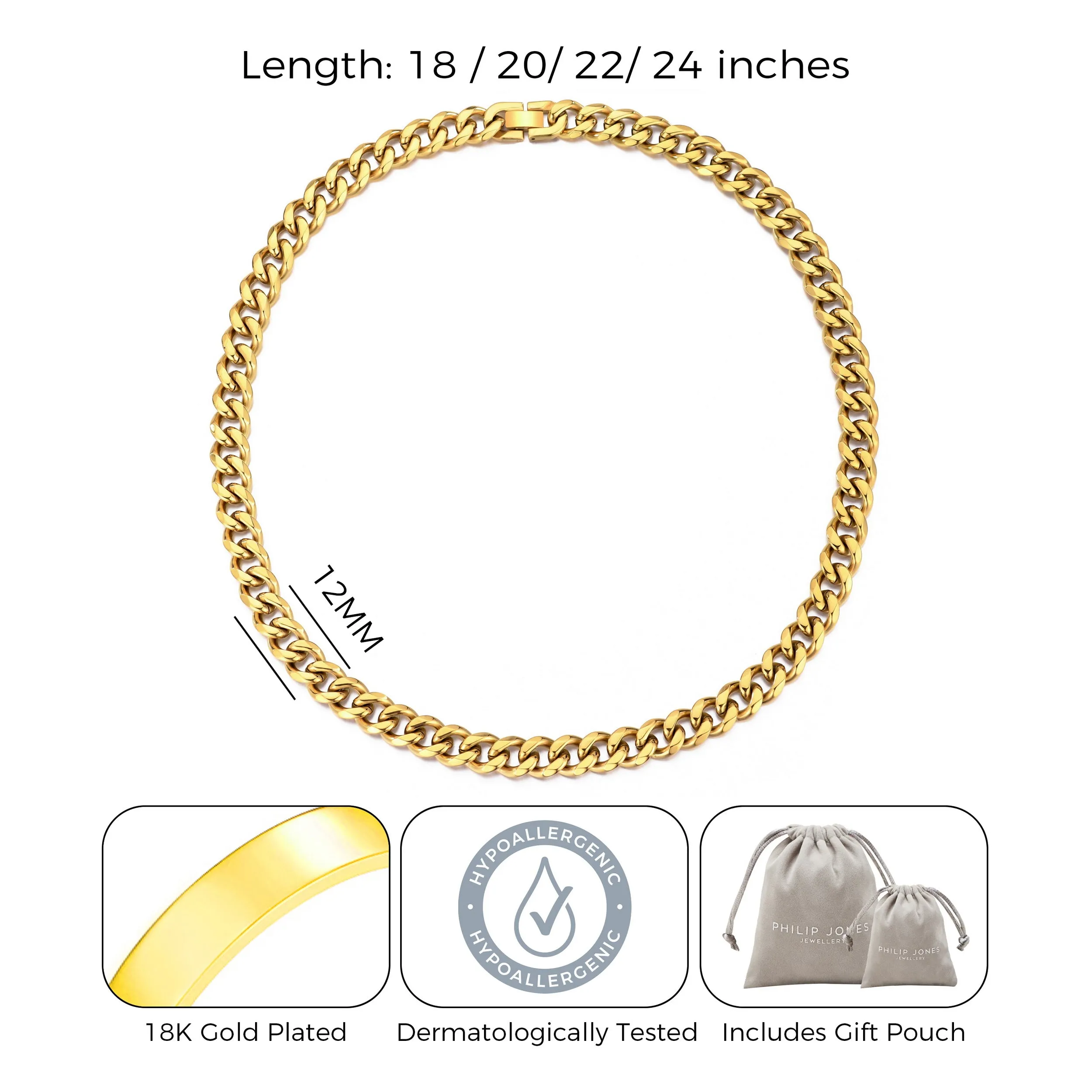 Men's 12mm Gold Plated Steel 18-24 Inch Cuban Curb Chain Necklace