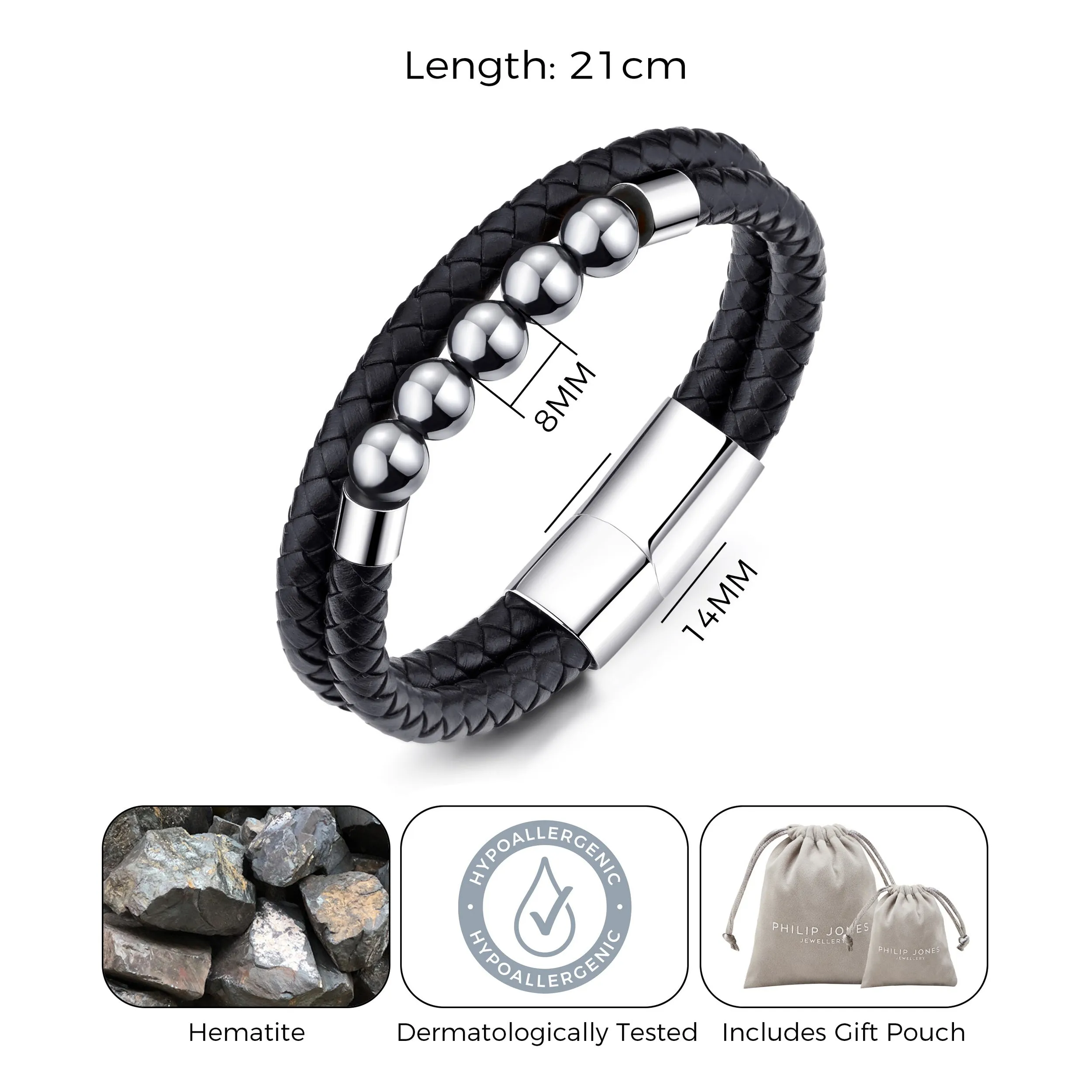 Men's Hematite Genuine Leather Bracelet