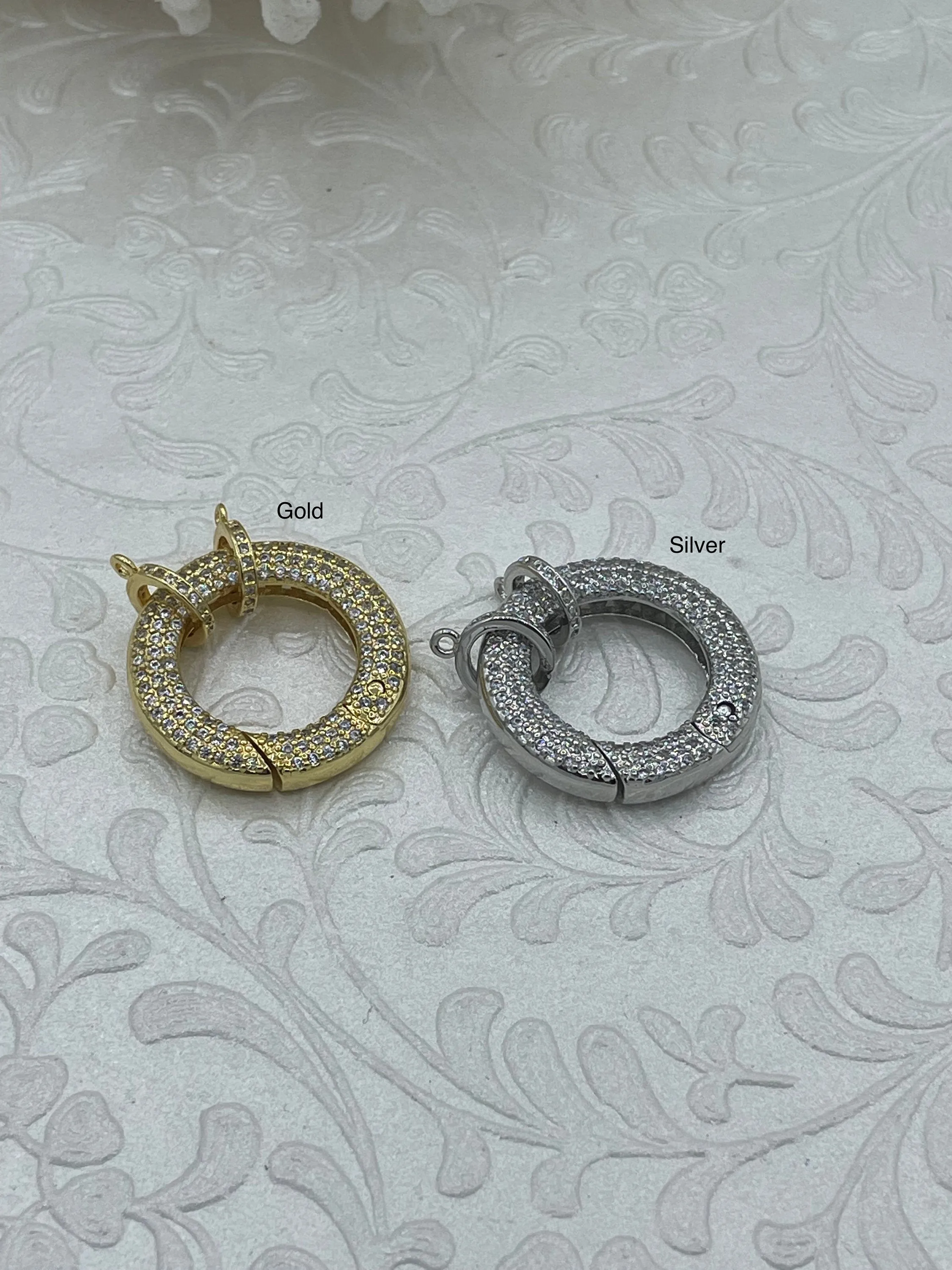 Micro Pave CZ  Quality Brass Spring Clasp, Round Clasp, Easy Open Spring Gate, Gate Clasp, Extender. Gold or Silver, 25mm. Fast Ship