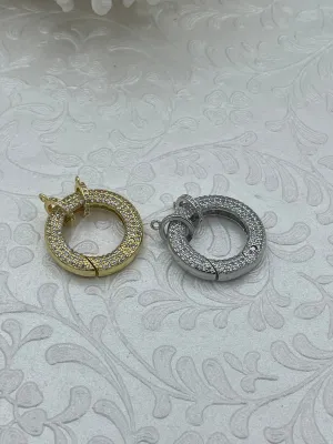 Micro Pave CZ  Quality Brass Spring Clasp, Round Clasp, Easy Open Spring Gate, Gate Clasp, Extender. Gold or Silver, 25mm. Fast Ship