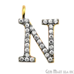 'N' Alphabet Charm CZ Pave Gold Vermeil Charm for Bracelet & Pendants