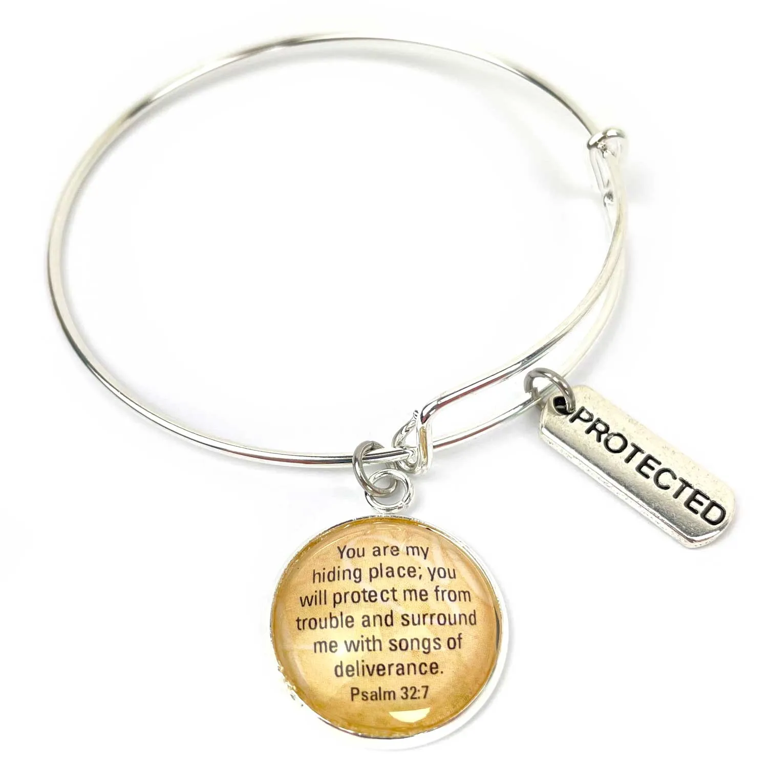 Protected in Scripture Charm Bangle Bracelet - Psalm 32:7 Word Scripture Christian Affirmations Jewelry, Silver