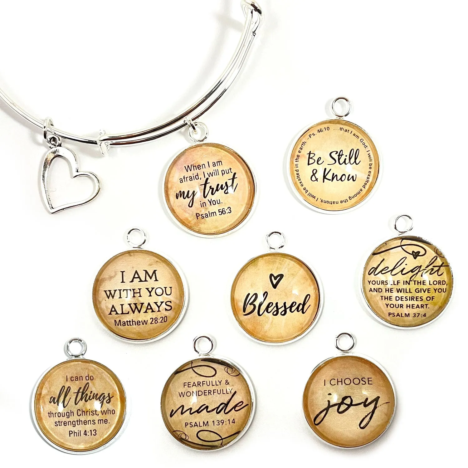 Scripture Charm Bangle Bracelet - Christian Jewelry, Gold, Silver