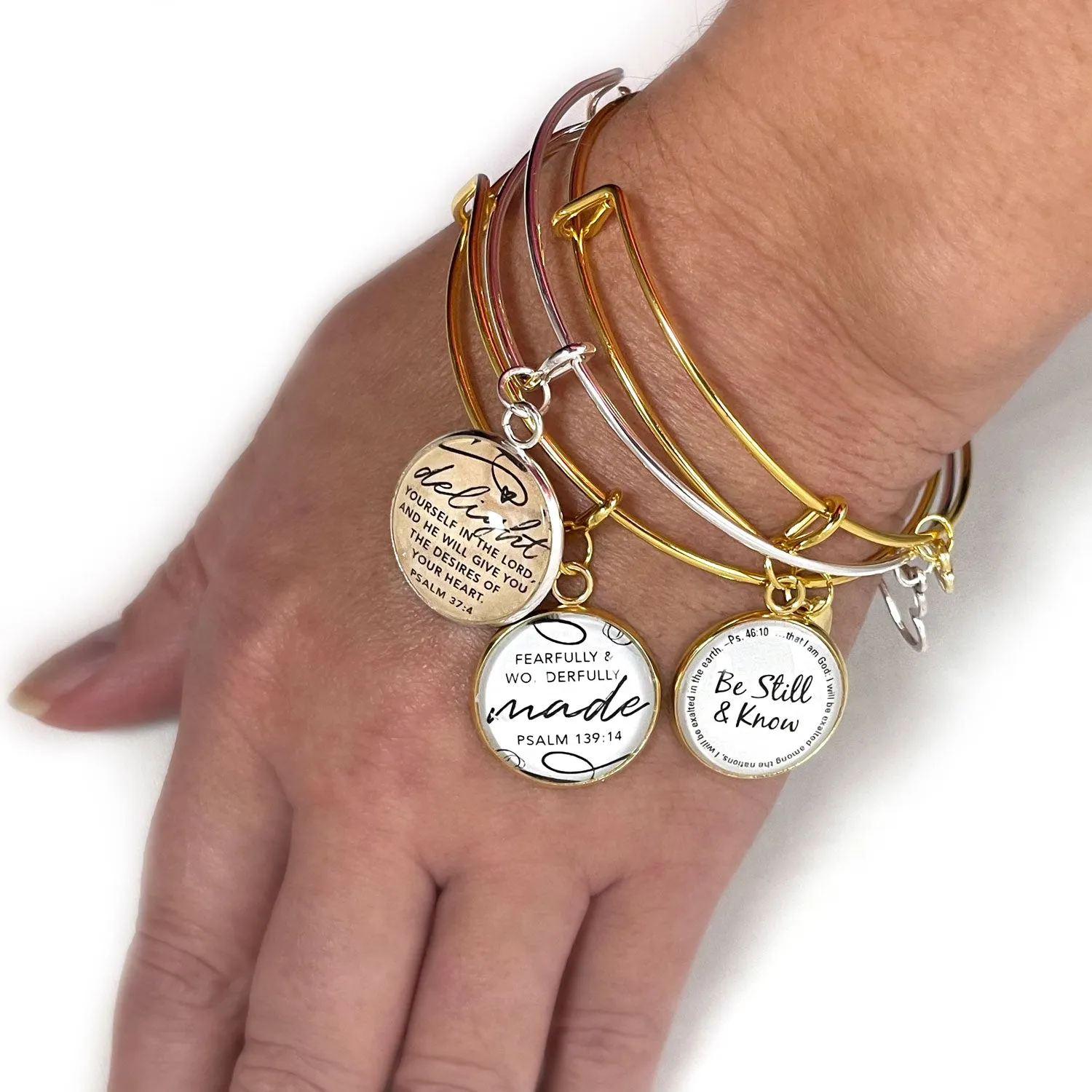 Scripture Charm Bangle Bracelet - Christian Jewelry, Gold, Silver