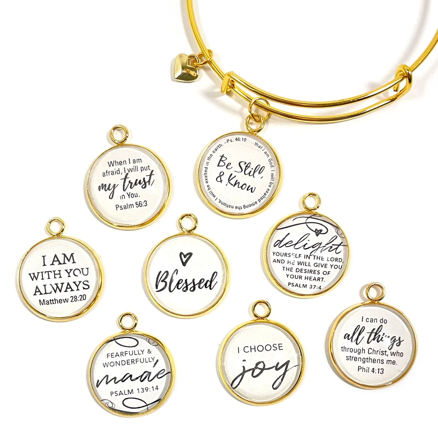 Scripture Charm Bangle Bracelet - Christian Jewelry, Gold, Silver