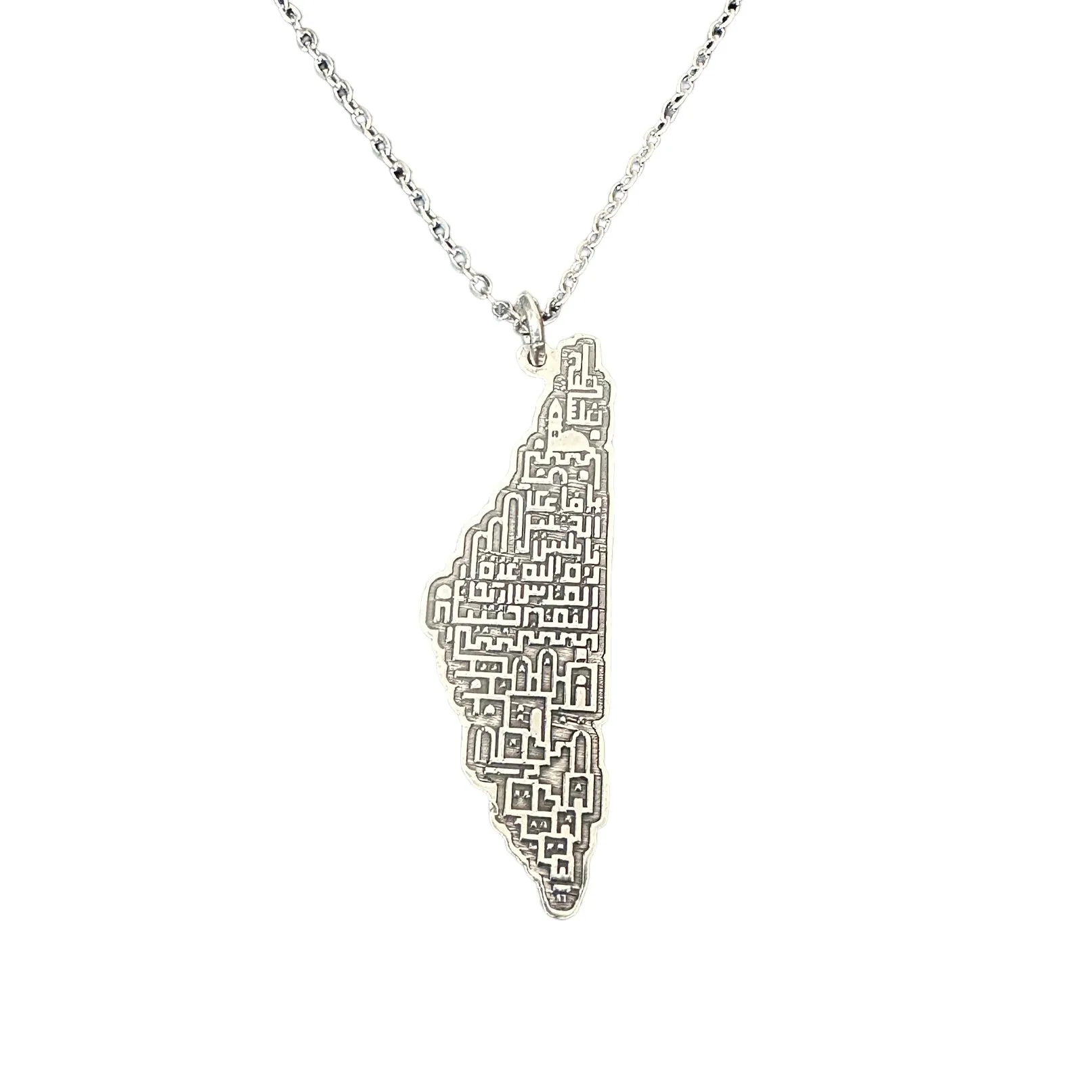 Silver Palestine Cities Map Necklace