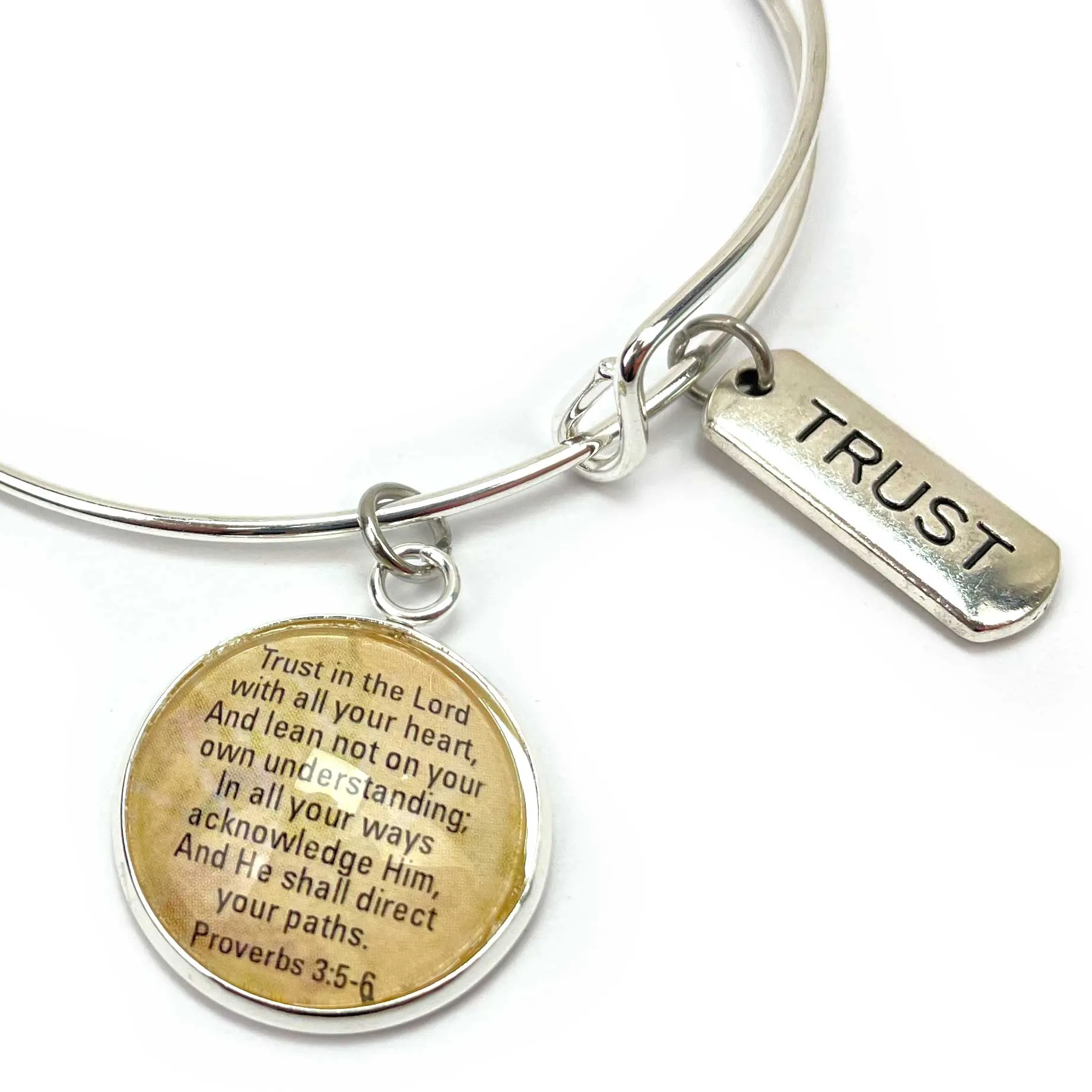 Trust and Scripture Charm Bangle Bracelet - Psalm 32:7 Word Scripture Christian Affirmations Jewelry, Silver