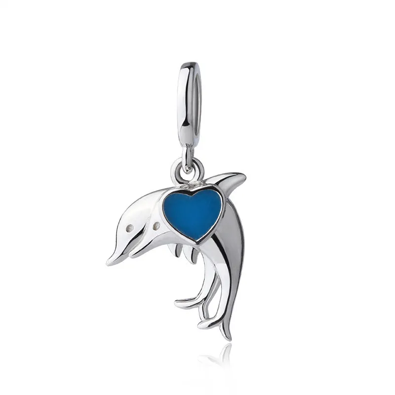 Twin Dolphins Heart Charm 925 Sterling Silver